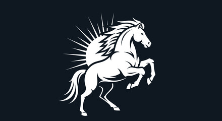 Majestic white horse rearing with a radiant sunburst behind it.