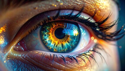 Close-up of an eye with teal and amber irises, surrounded by lashes and sparkling gold. High detail and vibrant colors