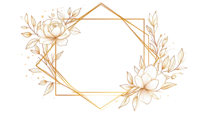 Golden geometric frame adorned with delicate white flowers and leaves