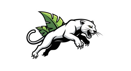 Powerful Panther Leaping with Tropical Leaf Accent.
