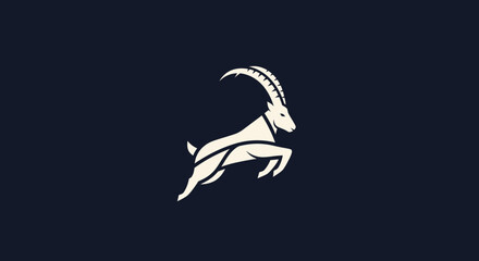 Minimalist White Ibex Jumping Gracefully Against Dark Blue Background.