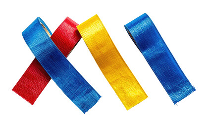 Four overlapping ribbons, vibrant red, blue, and yellow, against a black background