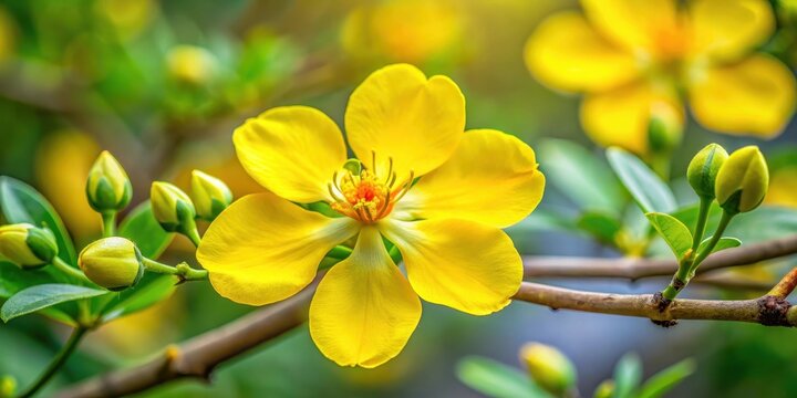 Close-up of vibrant yellow Ochna integerrima flower details, botanical, foliage,  botanical, foliage