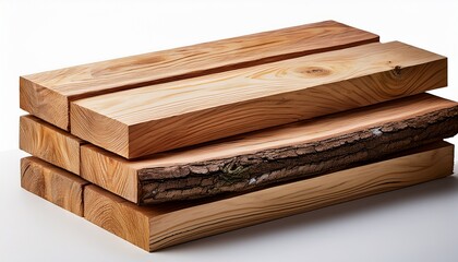 Fototapeta premium Stack Of Four Wooden Planks With Bark Edges Light Wood Isolated On Transparent Background