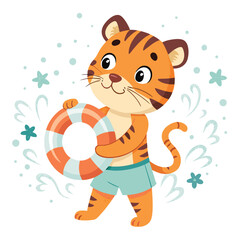 A cartoon tiger holding a lifebuoy with water splashes and stars.