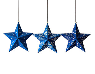 Three blue star ornaments, hanging, dark background