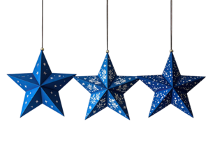 Three blue star ornaments, hanging, dark background