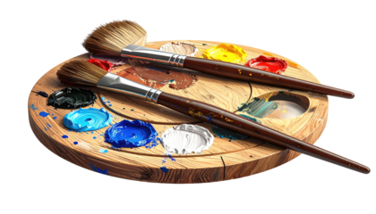 Wooden artist's palette with paint and brushes