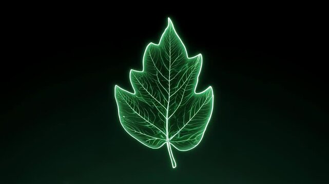 A glowing green leaf, veins visible, against a dark backdrop