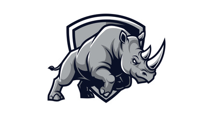 Naklejka premium Powerful gray rhino mascot charging in front of a shield emblem.