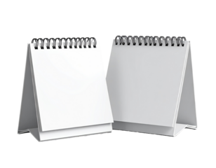 Two blank, white tabletop calendars, angled, with metal coil binding