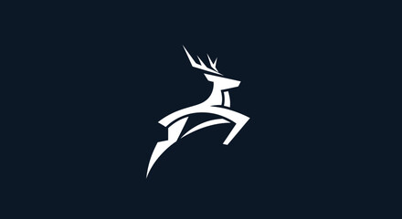 Stylized White Deer Leaping Against Dark Background in Modern Logo Design.