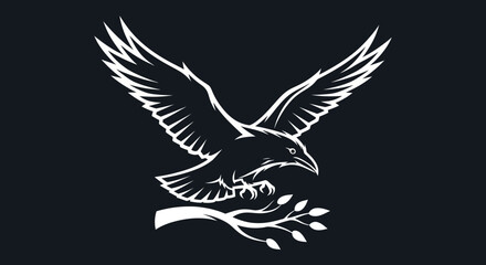 White Raven with Branch on Black Background Wings Spread.