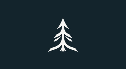 Obraz premium Stylized White Evergreen Tree Silhouette on Dark Green Background.