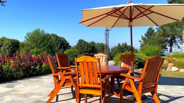 Outdoor wooden table and chairs under a parasol on a sunny patio, surrounded by greenery