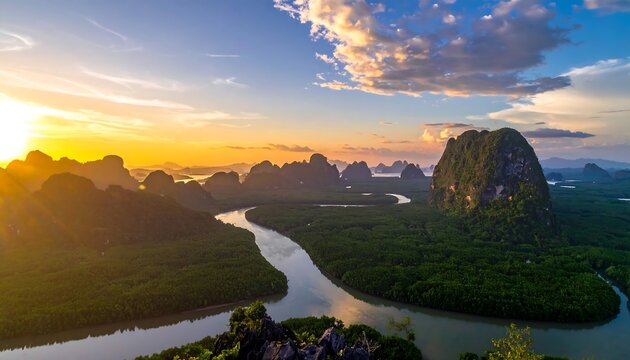 Panoramic sunset over a winding river and lush mangrove forests