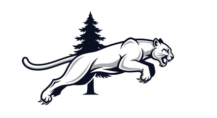 Powerful leaping cougar mascot in a monochrome illustration.
