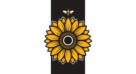 Sunflower with a bee on a black background a beautiful floral design.