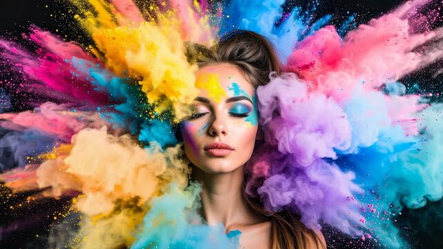 Woman with closed eyes surrounded by vibrant multicolored powder explosion against a dark background, artistic concept