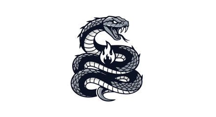 Stylized monochrome snake coiled around a burning flame.