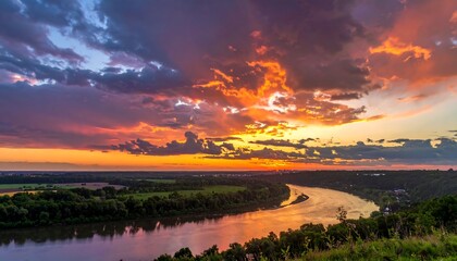 Panoramic sunset over a winding river
