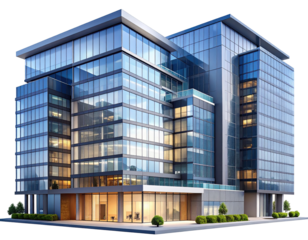 Modern glass office building, lit at night, with multiple floors and a street-level entrance