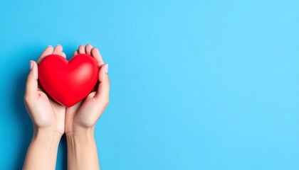 Fototapeta premium Two hands gently cup a glossy red heart against a vibrant light blue background, symbolizing love, care, and health. Generated image