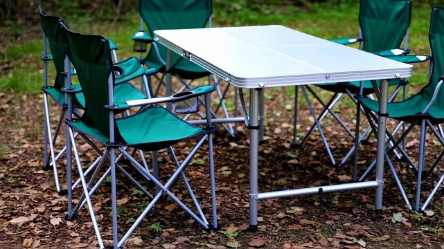 A folding table surrounded by green camping chairs in a wooded setting