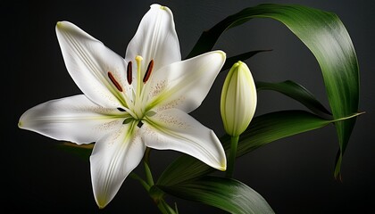 Fototapeta premium Single White Lily Flower With Bud And Green Leaves