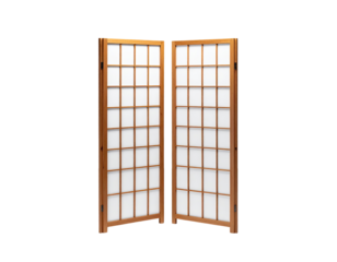 A light-brown wooden room divider,  with  a  grid  of  white  panels
