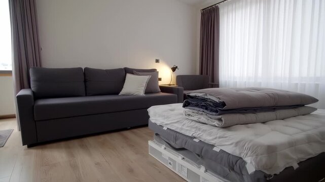 A modern room features a gray sofa, a stack of bedding, and a bright window
