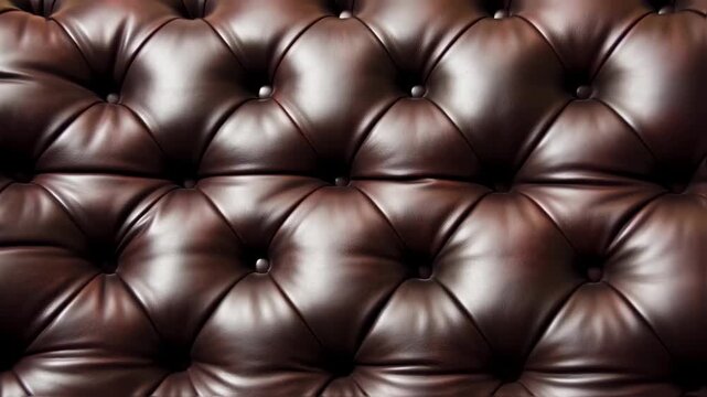 Close-up of a tufted brown leather surface with buttons and dimples