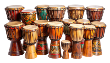 A collection of diverse hand-crafted drums, various sizes and designs.  Colorful patterns adorn the wood surfaces