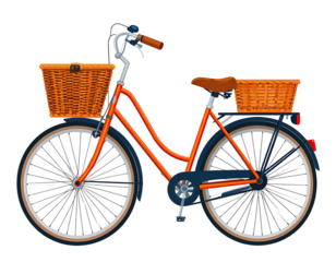 Side view of a classic orange bicycle with wicker baskets