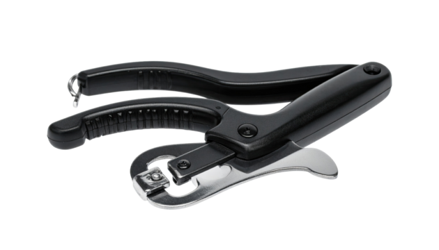 Multi-tool pliers with nail clippers.  Compact, black handles with textured grip.  Metal blades