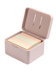 A light mauve-pink rectangular box, open, holds multi-colored sticky notes.  The box has a snap-closure, and vents are visible