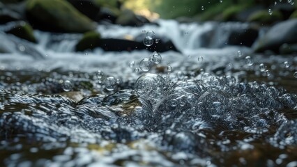 Close-up of a stream's rushing water, air bubbles rising to the surface