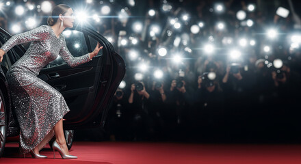 A glamorous celebrity in a sparkling gown steps onto the red carpet amidst a flurry of paparazzi flashes, a perfect visual for fame and exclusive events