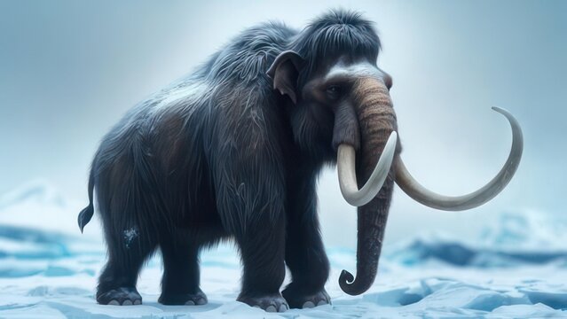 A majestic woolly mammoth, rendered in detail, stands on a snowy, icy landscape