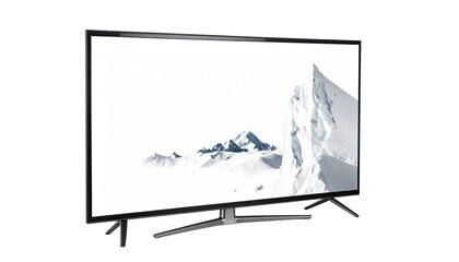 Flat-screen TV displays a snowy mountain range