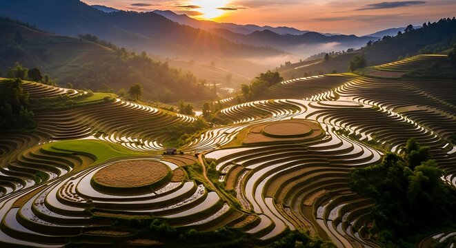 Scenic rice terraces in Mu Cang Chai, Vietnam, during beautiful sunrise