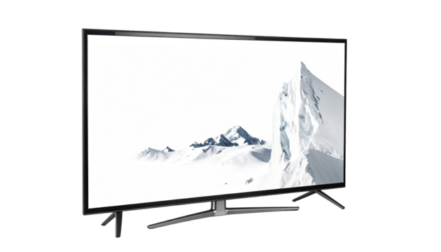 Flat-screen TV displays a snowy mountain range - Powered by Adobe