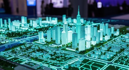 Obraz premium Futuristic Digital City Model with Illuminated Skyscrapers and Neon Streets at Night