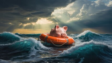 A pink piggy bank floats in a life preserver on a stormy sea, symbolizing financial crisis, savings protection, and investment risk management