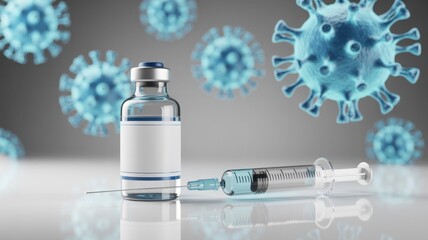 Vial of vaccine and syringe for immunization against virus, illustrating the medical response to infectious disease and healthcare