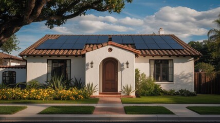 Residential house with solar panels on the roof, representing sustainable energy, renewable resources, and ecofriendly living in a neighborhood