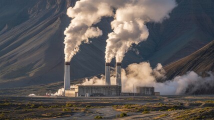 Power plant with smoke stacks emitting smoke into the atmosphere against a backdrop of mountains and a clear sky in a rural environment