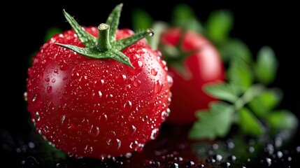 Macro Shot of a Red Tomato with Water Droplets on Dark Background with Green Leaves Detail