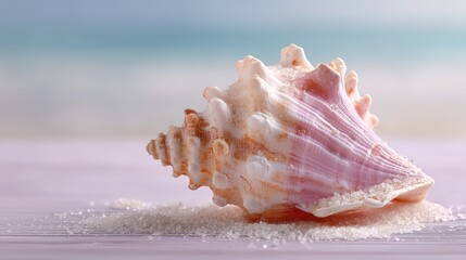 Macro Shot of a Seashell on Beach with Blue Sea and Sky in Background