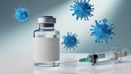 Vaccine vial with blank label and syringe with vaccine liquid and virus on background concept of vaccination, immunization, treatment